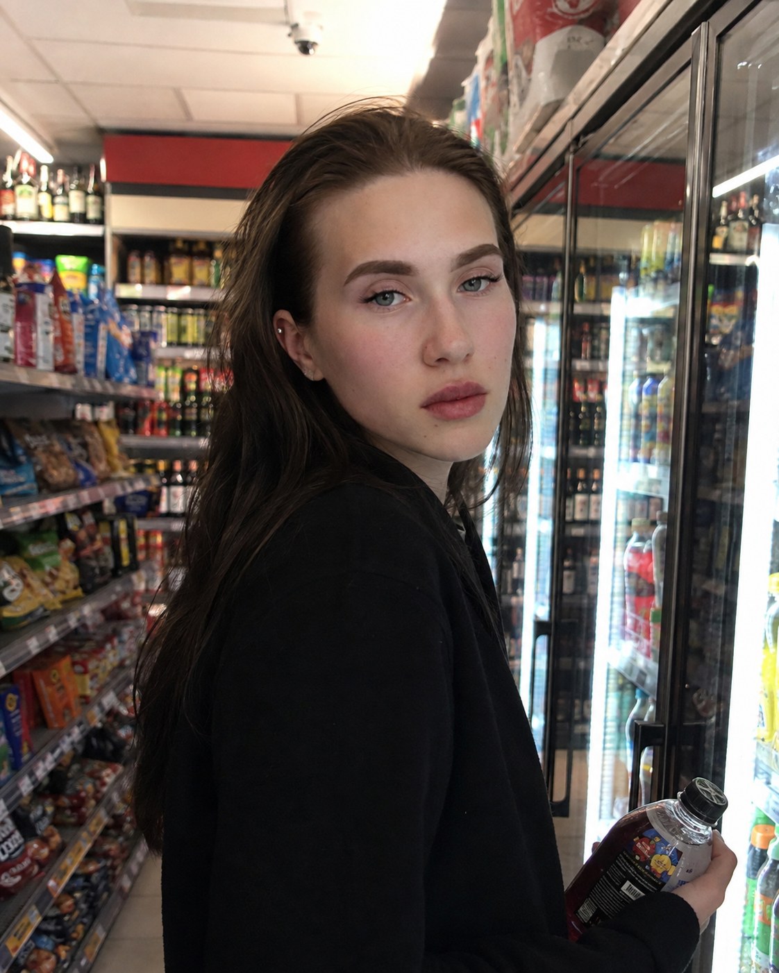 Generated portrait of the same character inside a convenience store