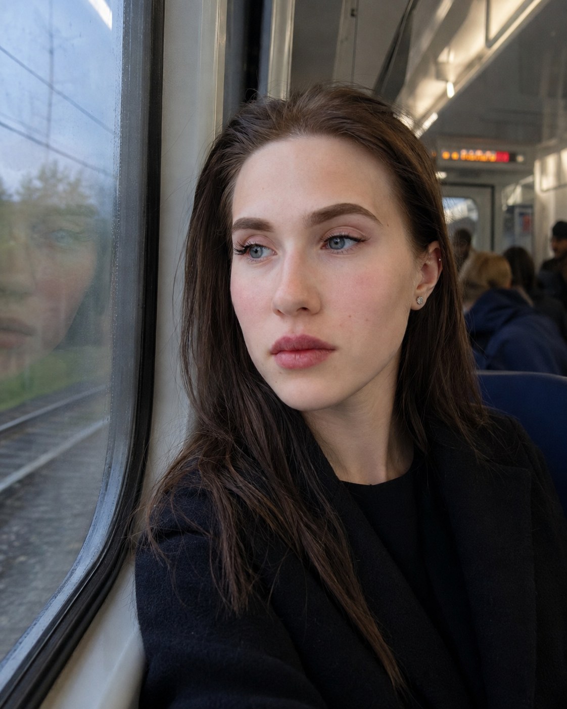 Generated portrait of the same character beside a train window