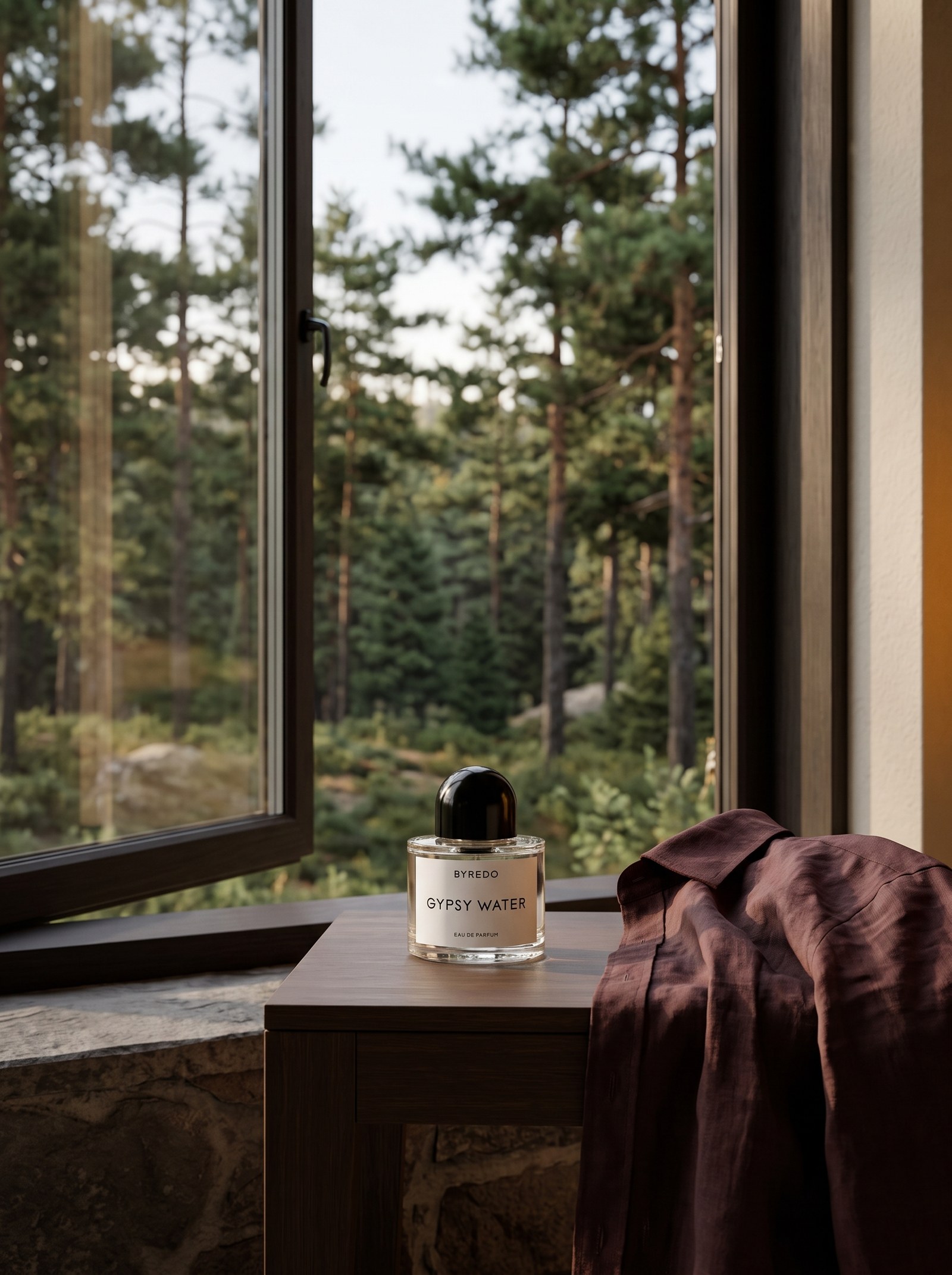 Generated lifestyle campaign still with the fragrance in a lived-in setting